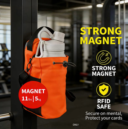Strong Magnetic Gym Water Bottle Bag, RFID Safe Waterproof Anti-Theft Pouch for Workout Travel, Orange